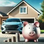 Car with a piggy bank and growing stack of coins representing saving for a vehicle