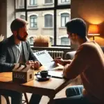 Tenant negotiating with a landlord in a cozy apartment setting, both reviewing a lease document at a small dining table. The room is warmly lit, with soft furnishings and a window showing an urban street view.