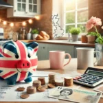 uk piggy bank on kitchen table with coins and budget items