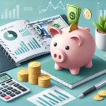 "A piggy bank with a growing stack of coins and a budget planner in the background, symbolizing quick money-saving strategies."
