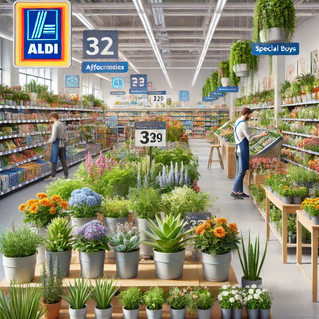 "Aldi store aisle featuring fresh produce, affordable electronics, and a variety of plants including succulents, flowering perennials, and herbs. Shoppers browse the inviting display, with Aldi's private-label products and seasonal buys visible in the background."