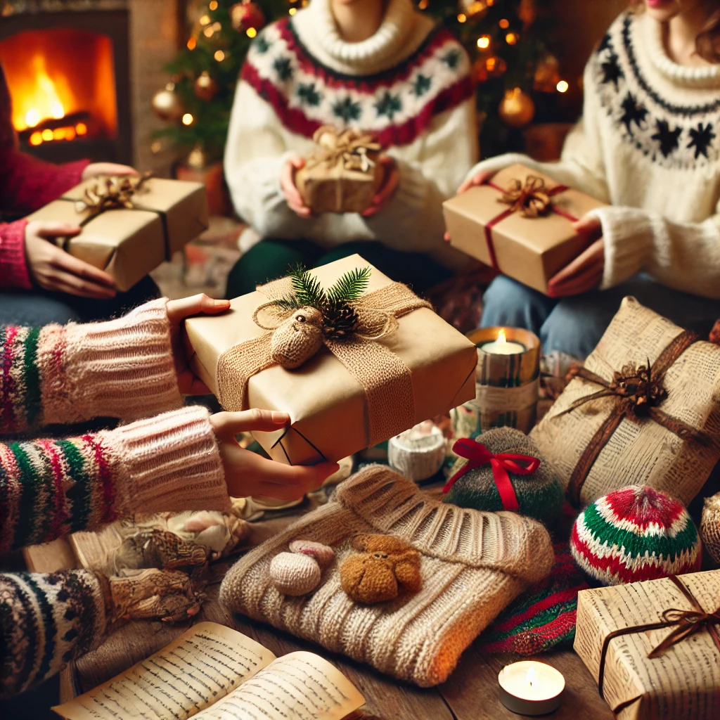 A-cozy-Christmas-scene-with-a-handmade-gift-exchange.-People-are-exchanging-small-DIY-presents-like-knitted-scarves-baked-goods-and-handwritten-let