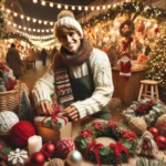"Young person working at a Christmas market stall with festive decorations, selling handmade gifts like wreaths and ornaments"