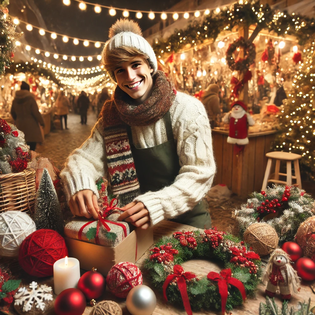 "Young person working at a Christmas market stall with festive decorations, selling handmade gifts like wreaths and ornaments"