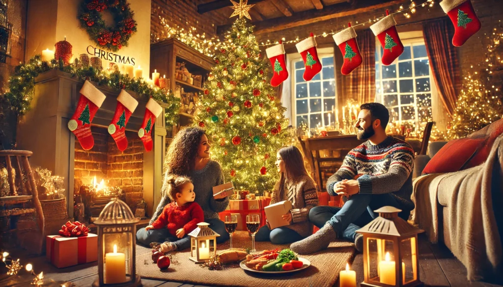 A-festive-scene-showing-a-family-of-four-celebrating-Christmas-in-the-UK.-The-family-is-gathered-around-a-Christmas-tree-adorned-with-lights-and-ornam