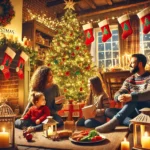 A-festive-scene-showing-a-family-of-four-celebrating-Christmas-in-the-UK.-The-family-is-gathered-around-a-Christmas-tree-adorned-with-lights-and-ornam