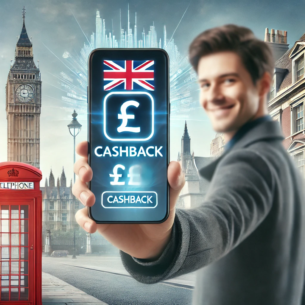 "Person holding a mobile phone displaying a cashback notification, surrounded by symbols of money, representing a successful cashback transaction. The background highlights the concept of financial savings and modern technology."