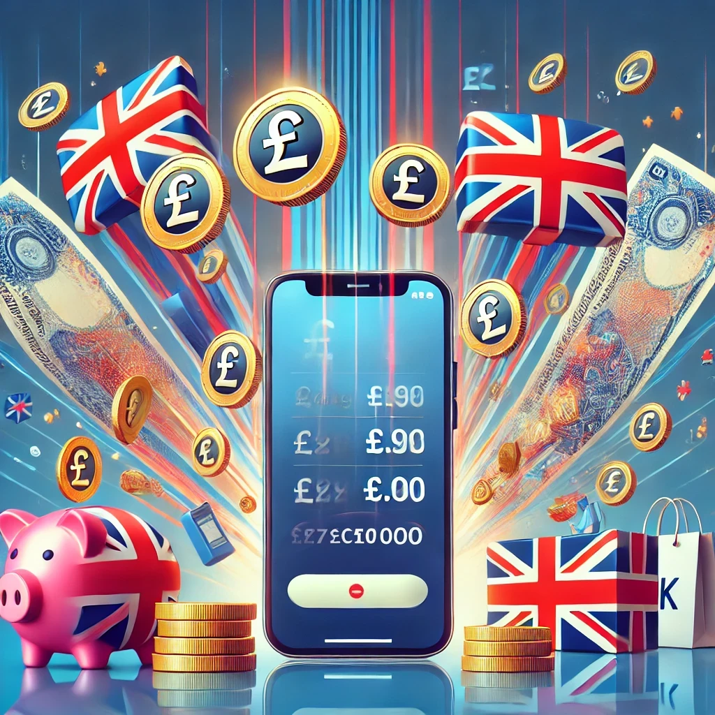 Smartphone showing UK currency with pound signs and money transfer notifications, surrounded by British pound coins and cash. Background symbols include a piggy bank, laptop, and shopping bags with UK branding, representing quick and easy money-making opportunities in the UK."