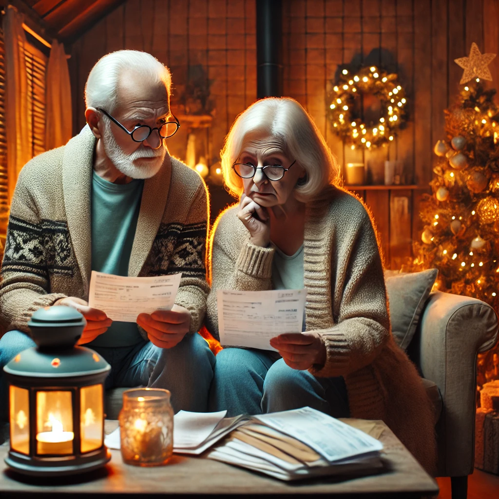 "Concerned elderly couple looking at bills in a cozy living room with Christmas decorations, symbolizing financial challenges during the holiday season."