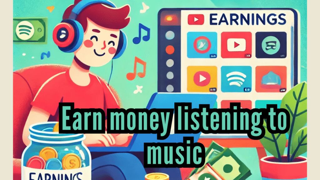 It shows someone happily listening to music, with various music apps on the laptop screen and a jar of earnings on the desk, representing the concept of making money while enjoying music