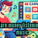 It shows someone happily listening to music, with various music apps on the laptop screen and a jar of earnings on the desk, representing the concept of making money while enjoying music