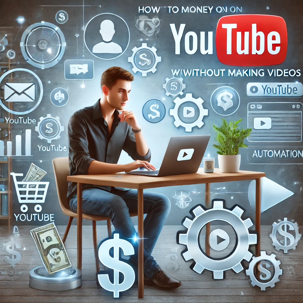 Person using a laptop with YouTube icons, dollar signs, and automation symbols, representing strategies to make money on YouTube without creating videos."