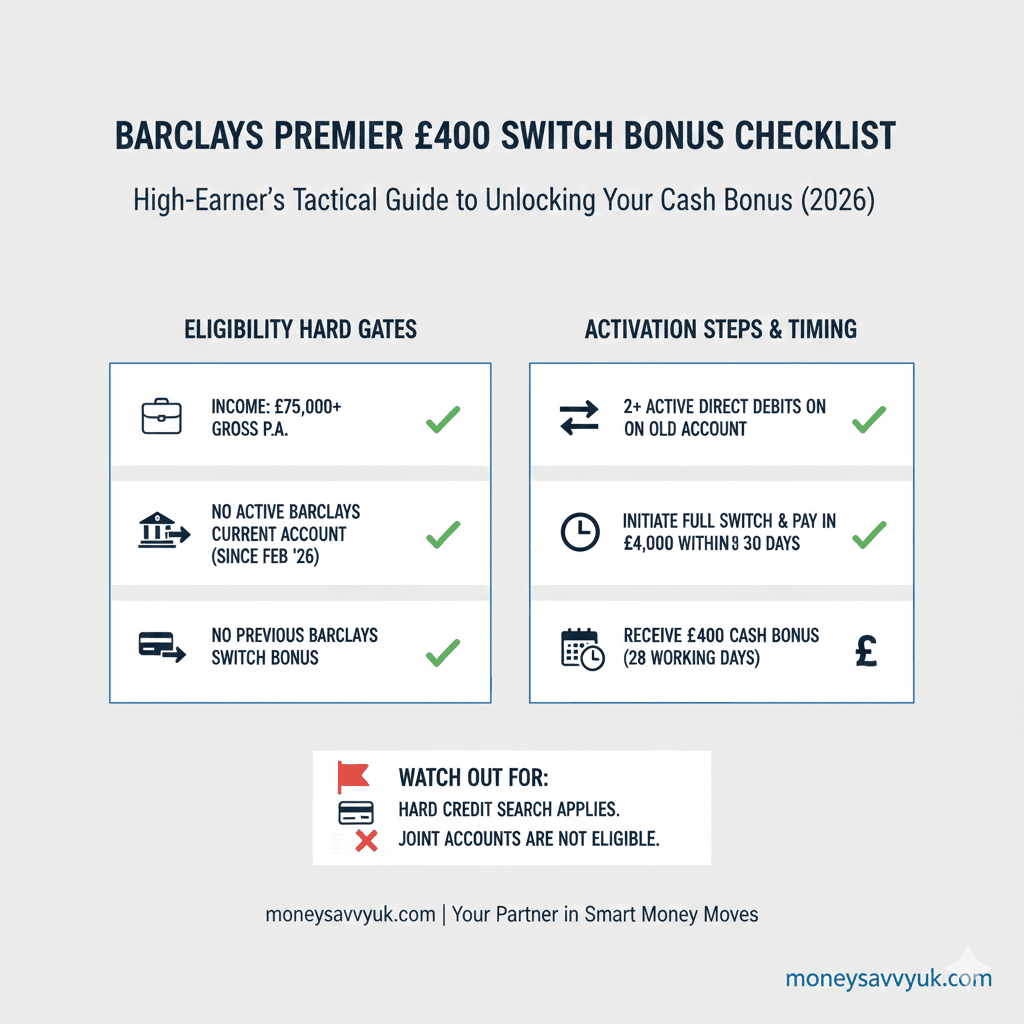 How to get the £400 Barclays Premier Bonus A clean, professional infographic for moneysavvyuk.com outlining the 2026 Barclays Premier Bank Switch offer. It breaks down the 'Hard Gates' (income and existing account rules) and the 'Activation Steps' (Direct Debits, £4k pay-in, and the 28-day payout window). Ideal for high earners looking to maximize UK bank switch incentives.