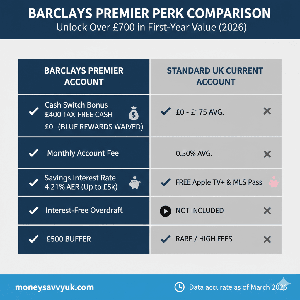 Barclays Premier: Is the £700+ first-year value worth the switch? Comparison table of Barclays Premier vs Standard UK Bank accounts. Shows the £400 switch bonus, 4.21% interest rate, and free Apple TV+ perks for Premier customer