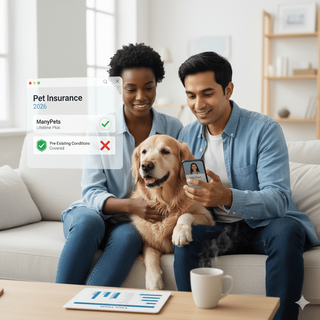 Comparing Specialist Pet Insurance Plans for Dogs and Cats in 2026 Original MoneySavvyUK visual guide for pet owners navigating the 2026 insurance market. The image features a family comparing specialist providers like ManyPets and Petgevity for a dog with pre-existing conditions. Learn how to use 24/7 vet apps and smart comparison tools to lower your premiums by up to £100 a year without sacrificing quality of care.