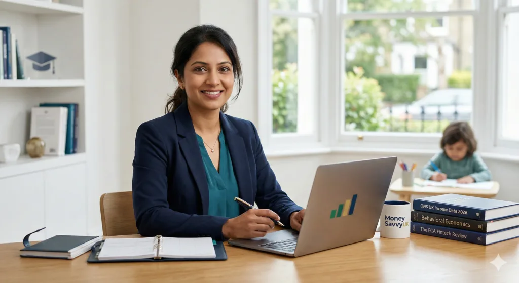 Dr. Kalpana (PhD), Money Savvy UK Lead Researcher Professional hero image for Money Savvy UK, featuring a PhD-level financial researcher and mother. Illustrates a high-authority environment with UK financial data, charts, and a balanced family life
