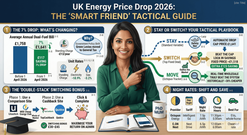 Infographic from Money Savvy UK titled 'THE SMART FRIEND' TACTICAL GUIDE to the 2026 UK energy price drop. It visually summarizes: 1. The 7% drop (£1,641 annual bill), 2. The 'Stay vs Switch' decision (illustrating fixed savings of £123), 3. The 'Double-Stack' strategy for maximum cashback, and 4. The night rates from Octopus and E.ON