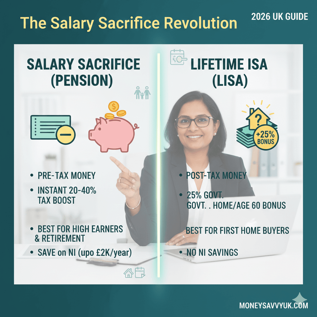 "Comparison infographic for UK professional moms showing the differences between Salary Sacrifice pensions and the Lifetime ISA (LISA) in 2026, highlighting tax relief, government bonuses, and National Insurance savings."