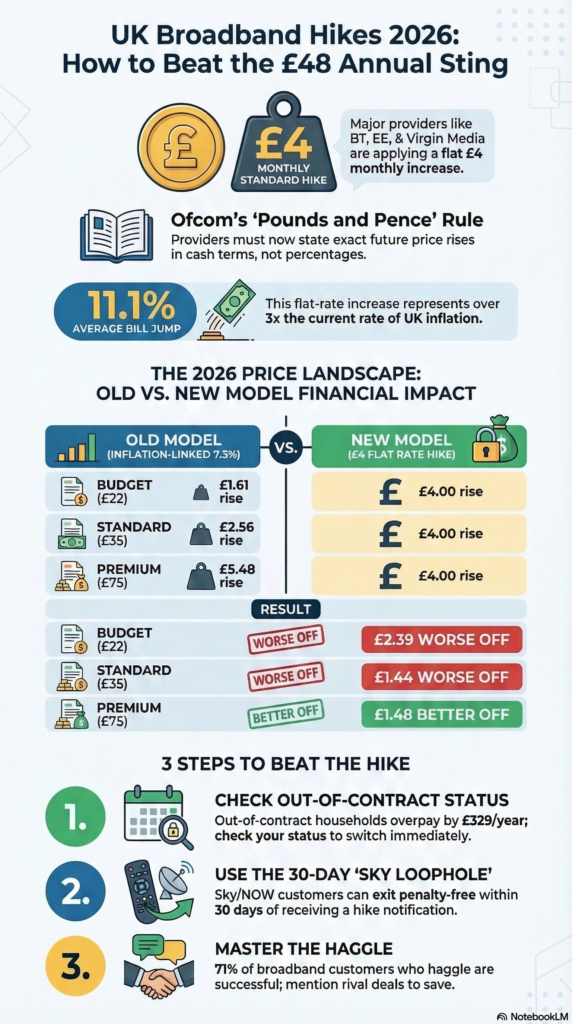 Infographic of UK broadband hikes 2026 how to beat the 48 annual sting.
