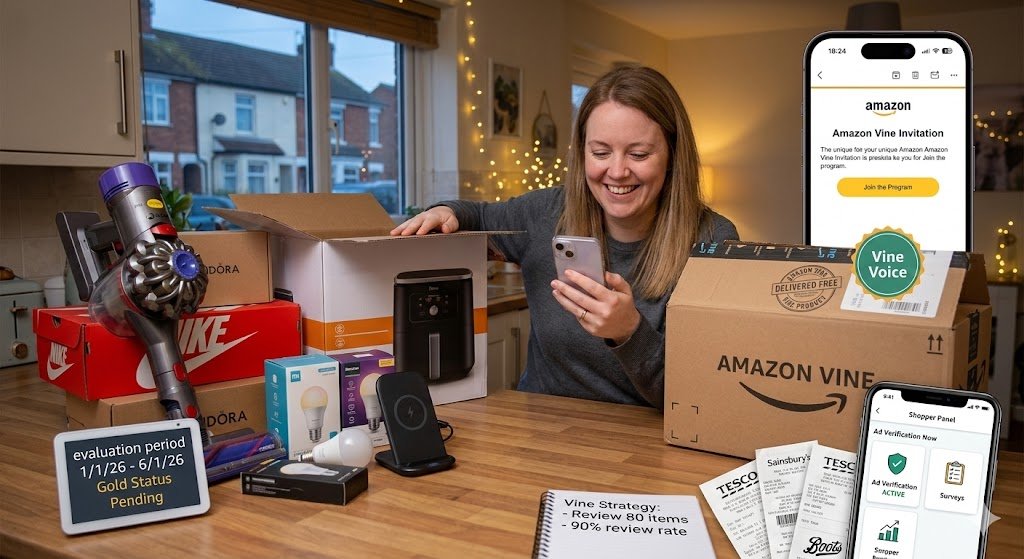 A woman in a UK home holding a phone showing a 2026 Amazon Vine invitation email next to her Shopper Panel app and a Gold Tier delivery of a cordless vacuum.