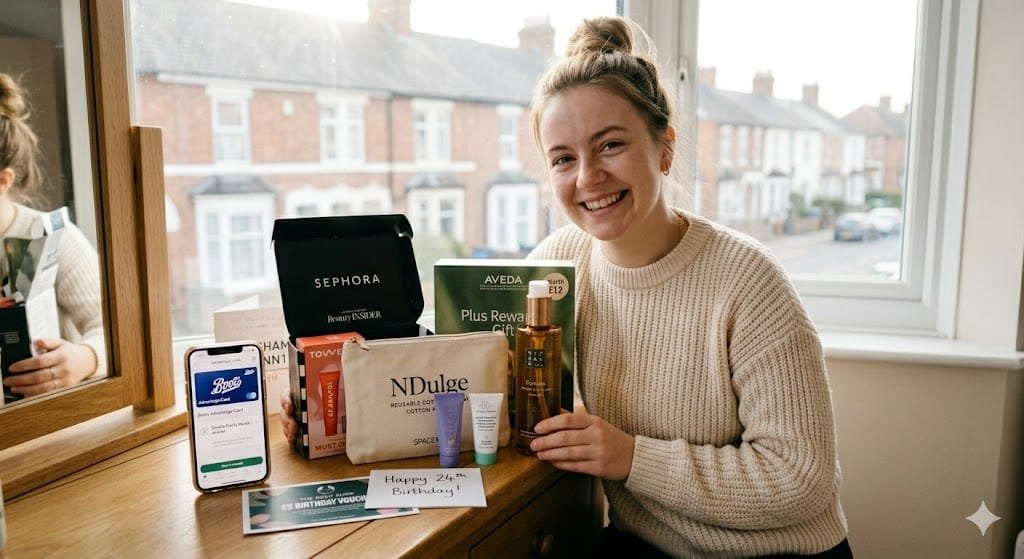 A woman in a UK home smiling with her birthday beauty haul, including a Sephora Beauty Insider box, Space NK NDulge gift, Rituals shower oil, and a phone showing the Boots Advantage Card app.