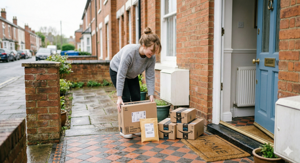 A woman on a Northampton residential porch happily picking up multiple Amazon parcels, including boxes labeled Amazon Vine and Kindle Ebook.