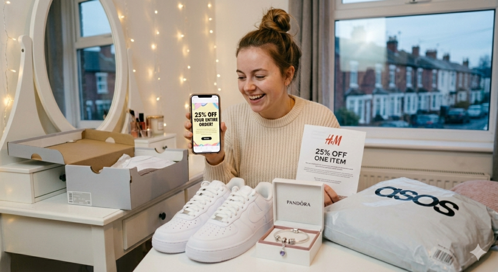 A woman smiling with a Nike birthday discount haul, holding a phone with a 25% off voucher next to a Pandora bracelet and ASOS parcel.