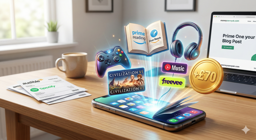 "A smartphone bursting with glowing digital icons for Prime Gaming, Reading, and Music, next to a gold coin labeled '+£70', symbolizing the money saved by executing an Amazon Prime 'Subscription Swap' in 2026."