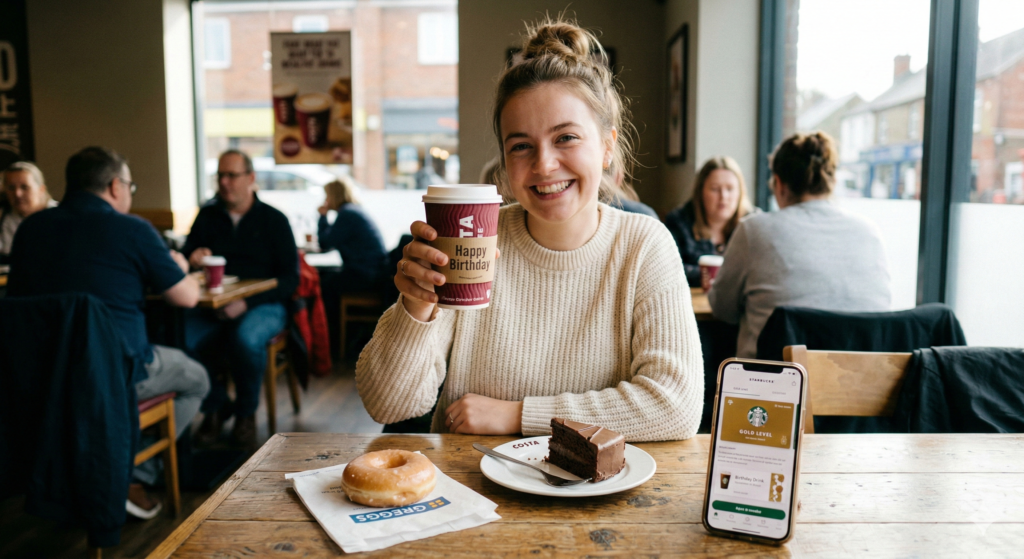 A woman at a cafe table smiling, holding a Costa Coffee birthday cup. On the table is a Greggs doughnut, cake slice, and a phone displaying a Starbucks Gold Level birthday drink voucher.