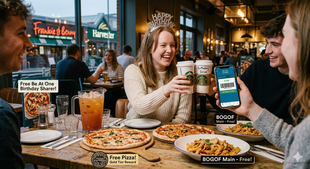A group of friends at a UK restaurant celebrating with a Zizzi BOGOF pizza, a PizzaExpress Gold Tier bottle of Prosecco, and a phone showing a Be At One birthday cocktail voucher.