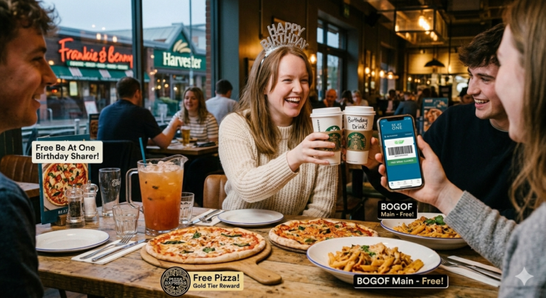 Illustration of UK restaurant birthday rewards from Zizzi, PizzaExpress and TGI Fridays