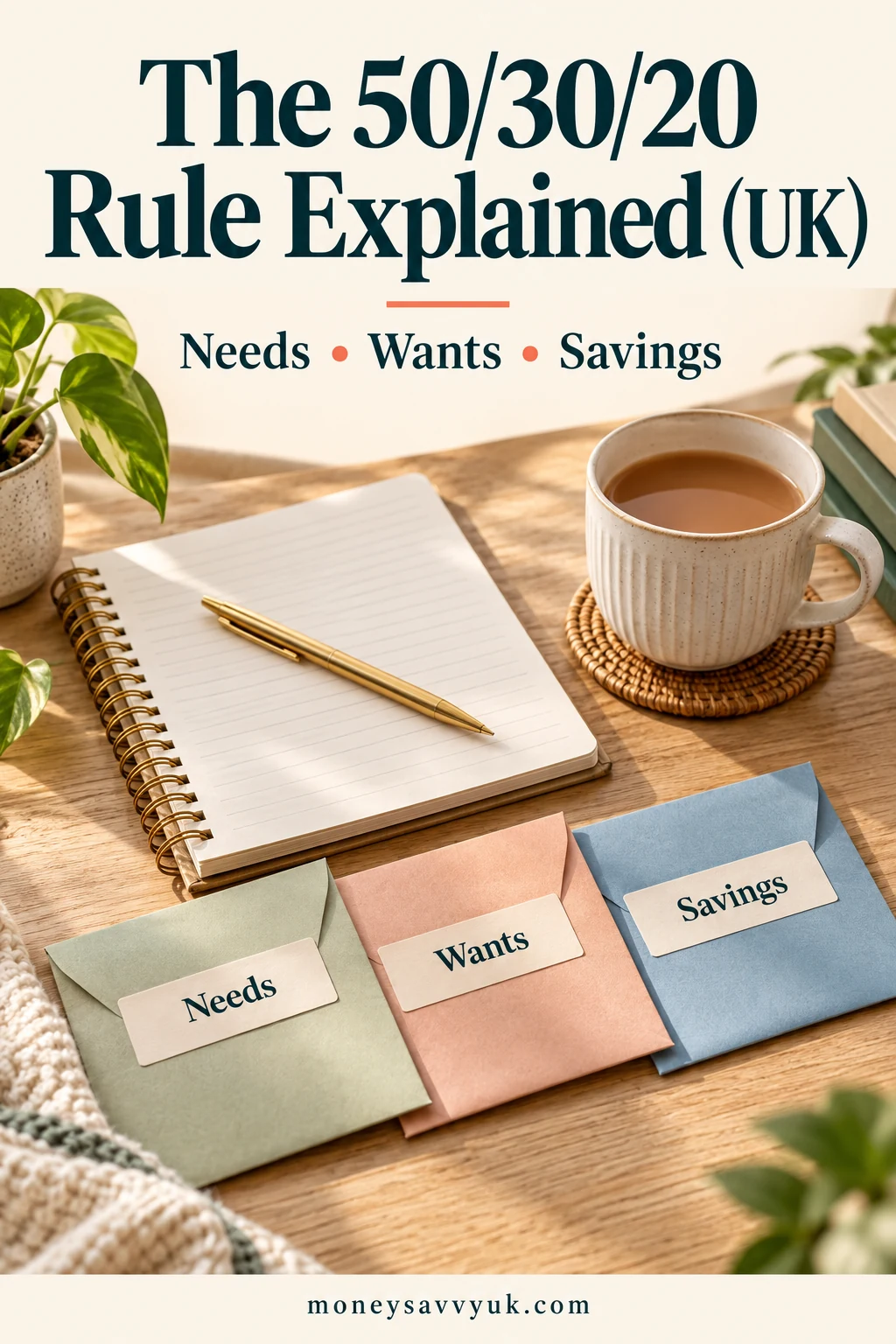 50/30/20 Rule UK: How to Budget Your Take-Home Pay (2026) — UK guide Pinterest graphic