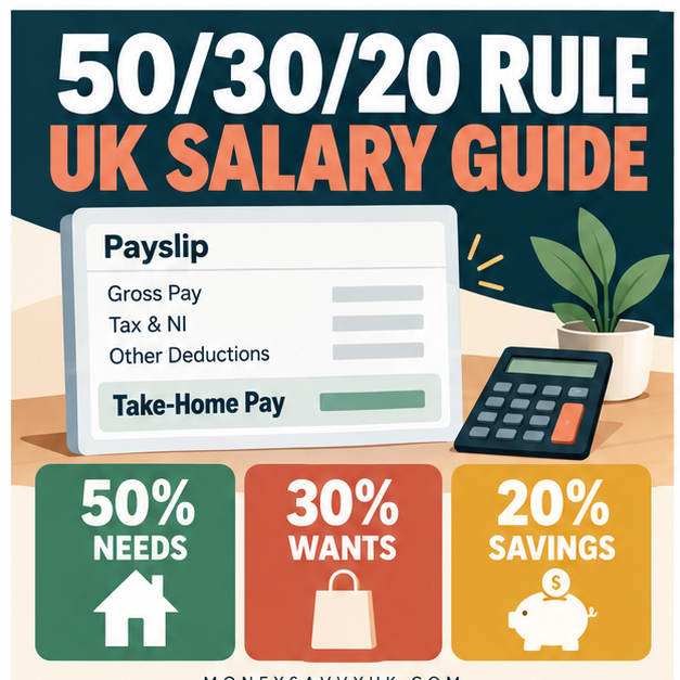 50/30/20 rule UK salary guide showing take-home pay split into needs, wants and savings