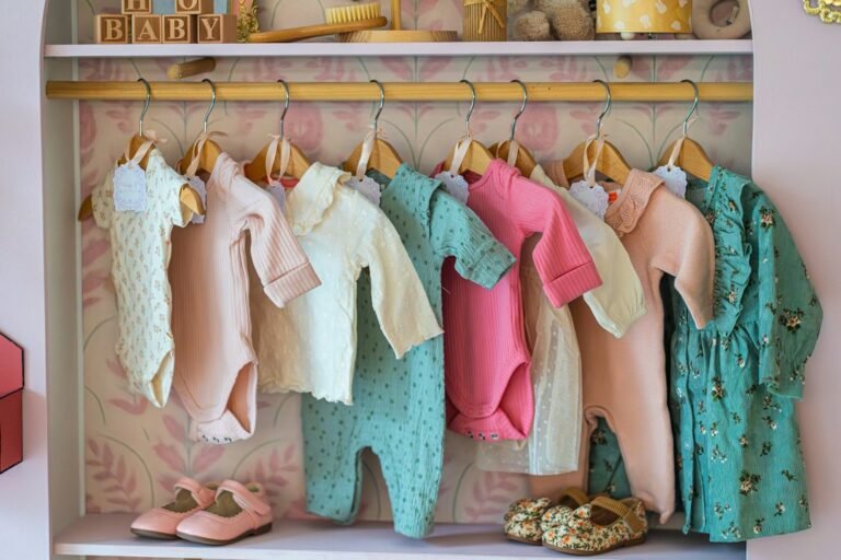 Baby clothes and shoes arranged on a nursery clothing rack