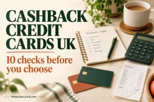Cashback credit cards UK guide with a household budget notebook, calculator and unbranded cards.
