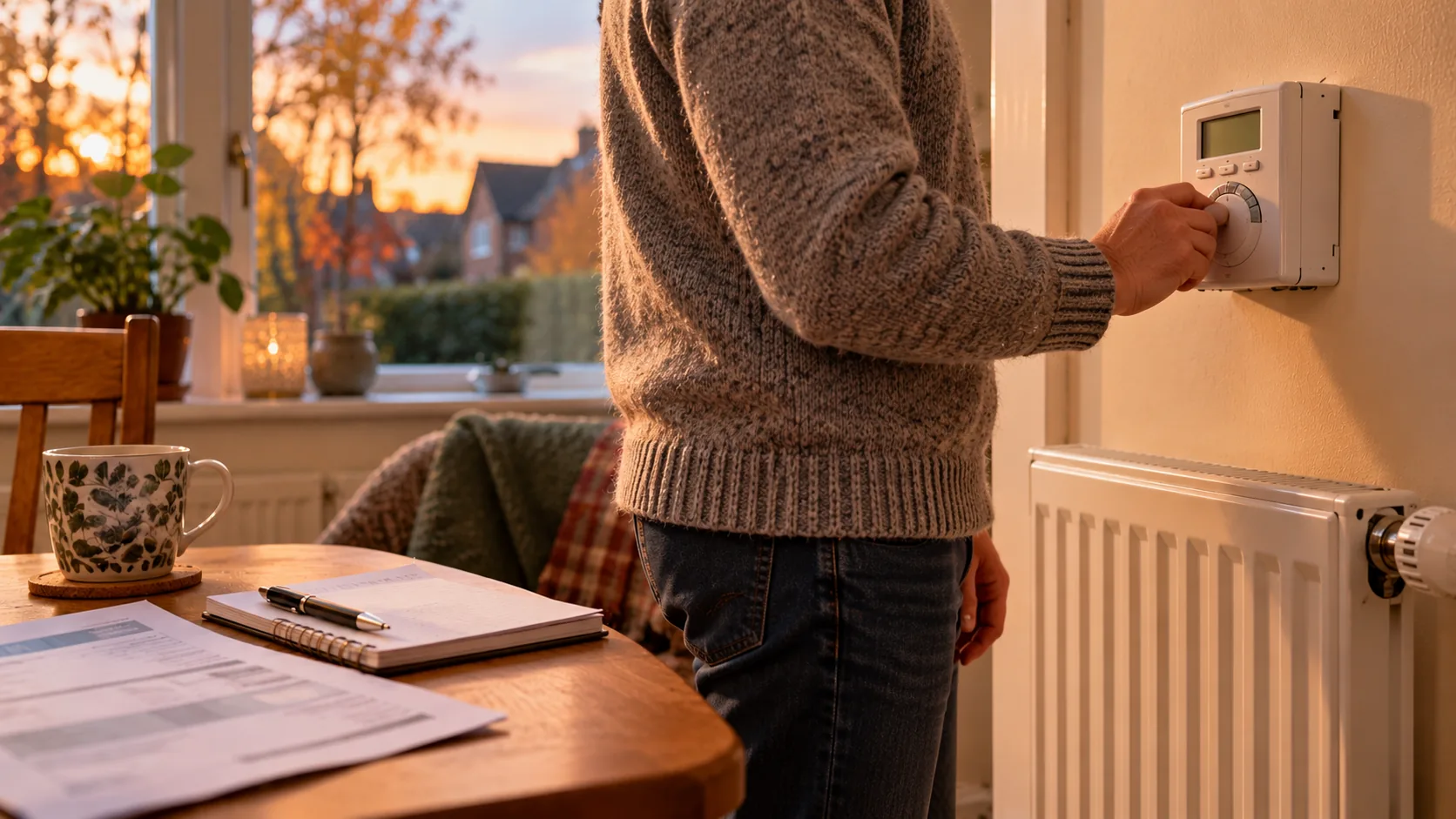 A person standing beside a table adjusts a wall-mounted heating controller in a UK home.