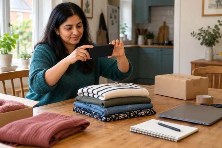 Woman photographing secondhand clothes beside a parcel at a kitchen table