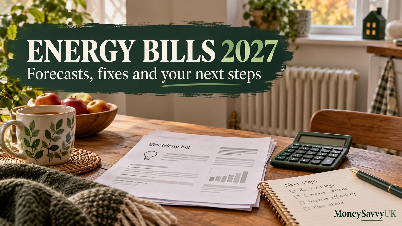 Energy bills 2027 guide with a household electricity bill, calculator and notebook