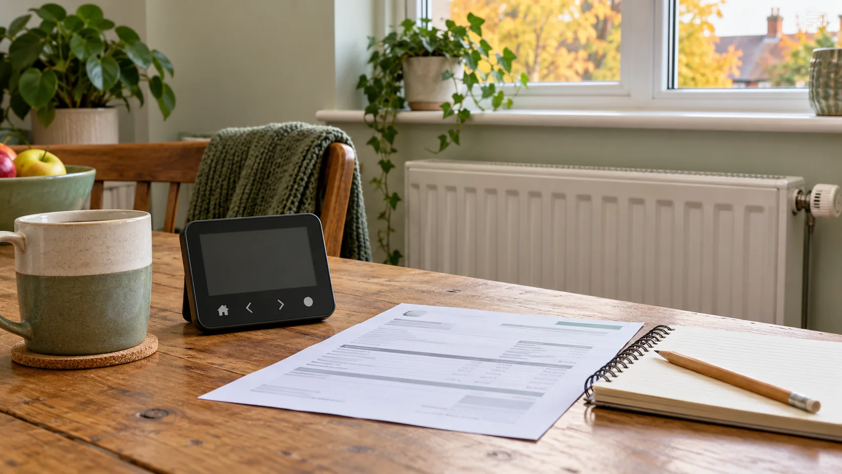 Energy statement, notebook and energy display on a UK kitchen table