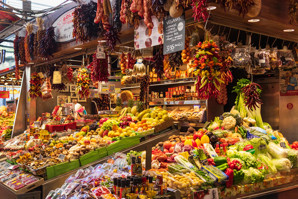 Produce displayed at a European market stall.