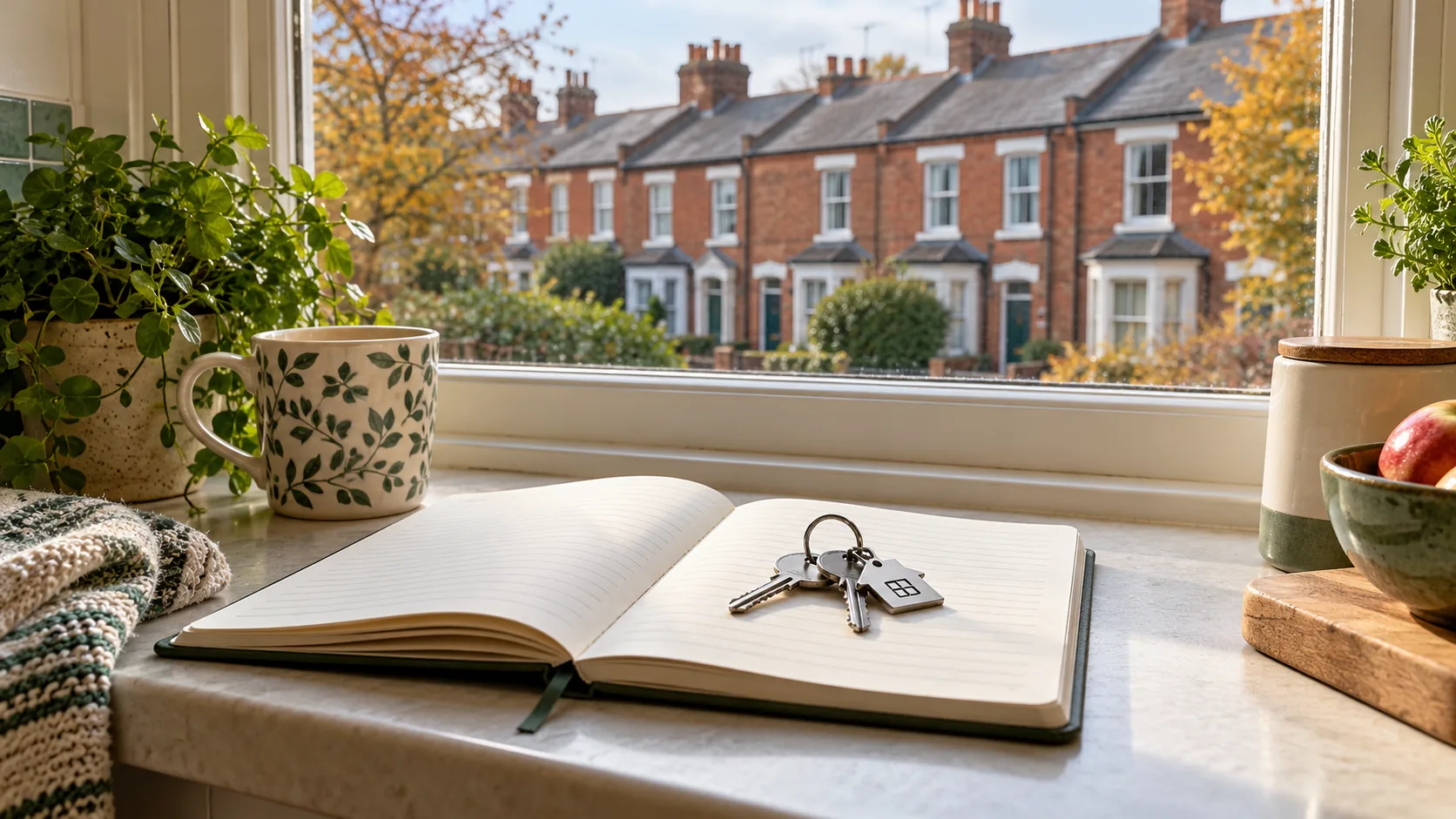 House keys on a budget notebook beside a window overlooking UK terraced homes