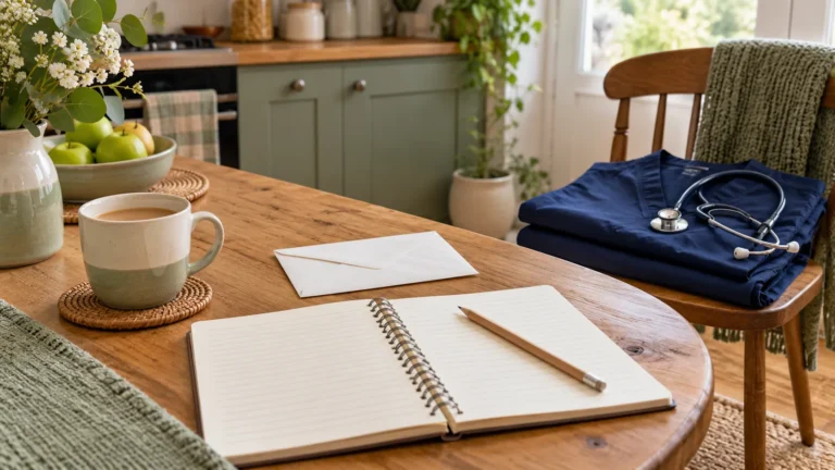 Plain healthcare scrubs and a notebook illustrating NHS household pay planning