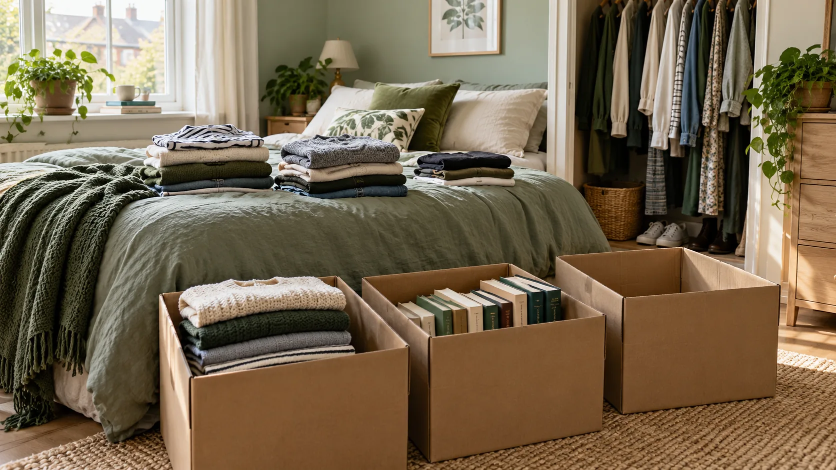 Reused cardboard boxes and folded clothes for retro decluttering at home