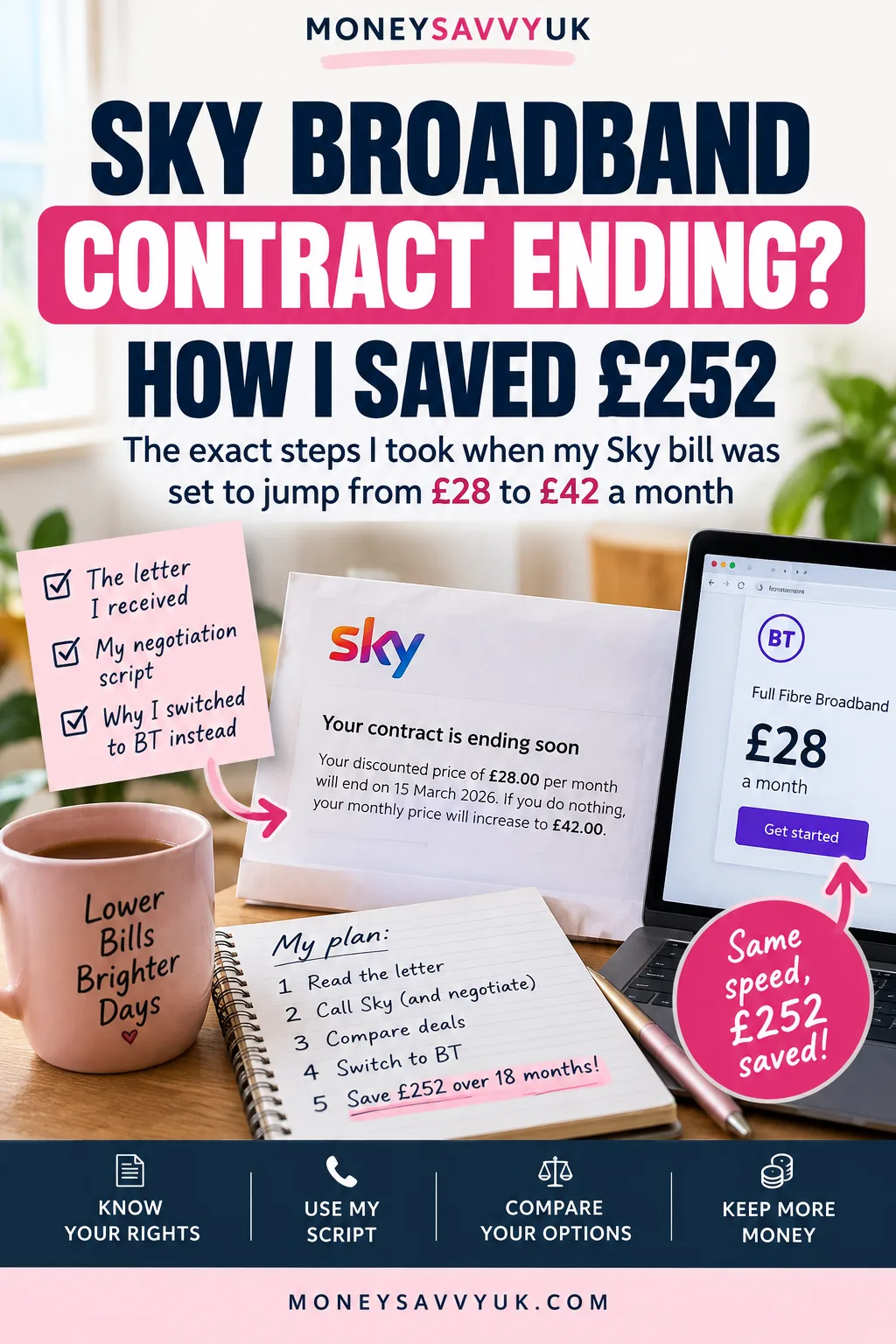 Sky broadband contract ending: switching from £42 Sky to £28 BT, £252 difference over 18 months