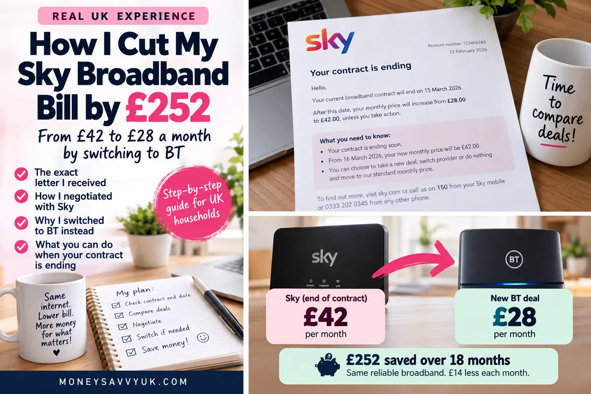 Illustrated comparison of £42 Sky broadband renewal and £28 BT broadband deal
