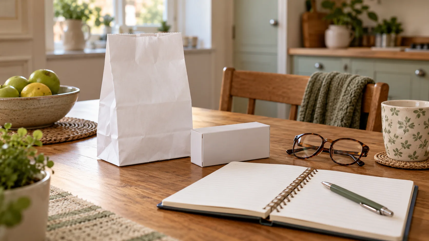 Unbranded pharmacy bag beside a household budget notebook for prescription cost planning