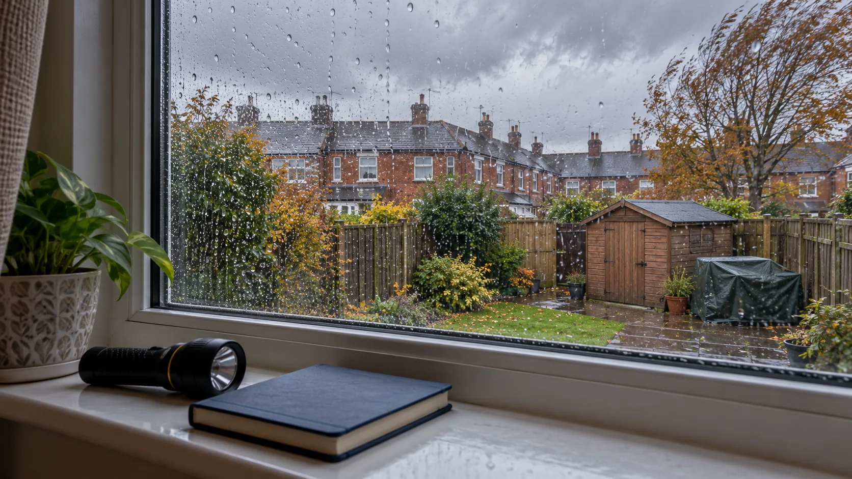 Torch and household notebook beside a rain-covered window illustrating storm preparation