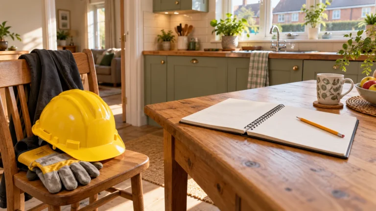 Unbranded hard hat and notebook illustrating household budgeting after a pay change