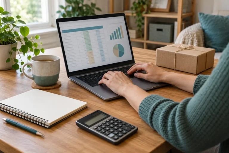 Laptop, calculator and notebook on a home work table for tracking freelance income