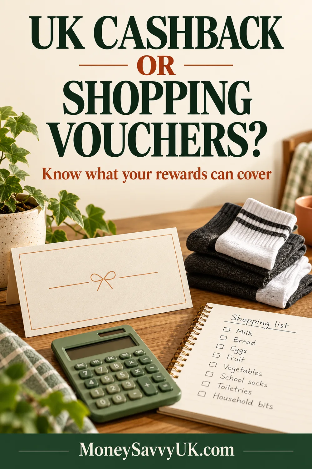 UK cashback versus vouchers pin with socks, a voucher, calculator and shopping list.
